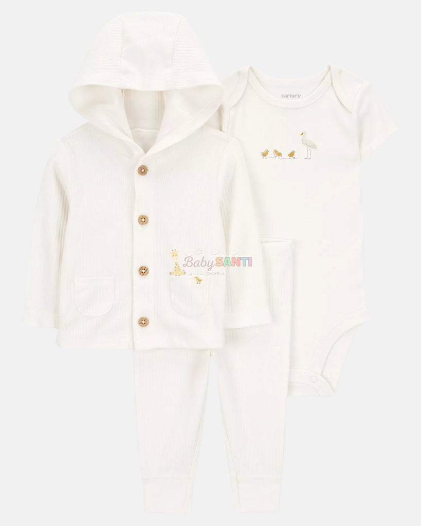 Set 3 piezas Unisex Cardigan, Mameluco & Pantalón